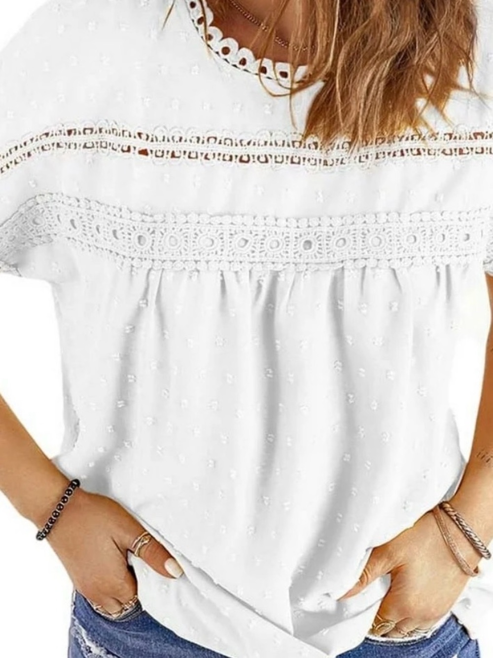 White Crochet Yoke Short Sleeve Blouse